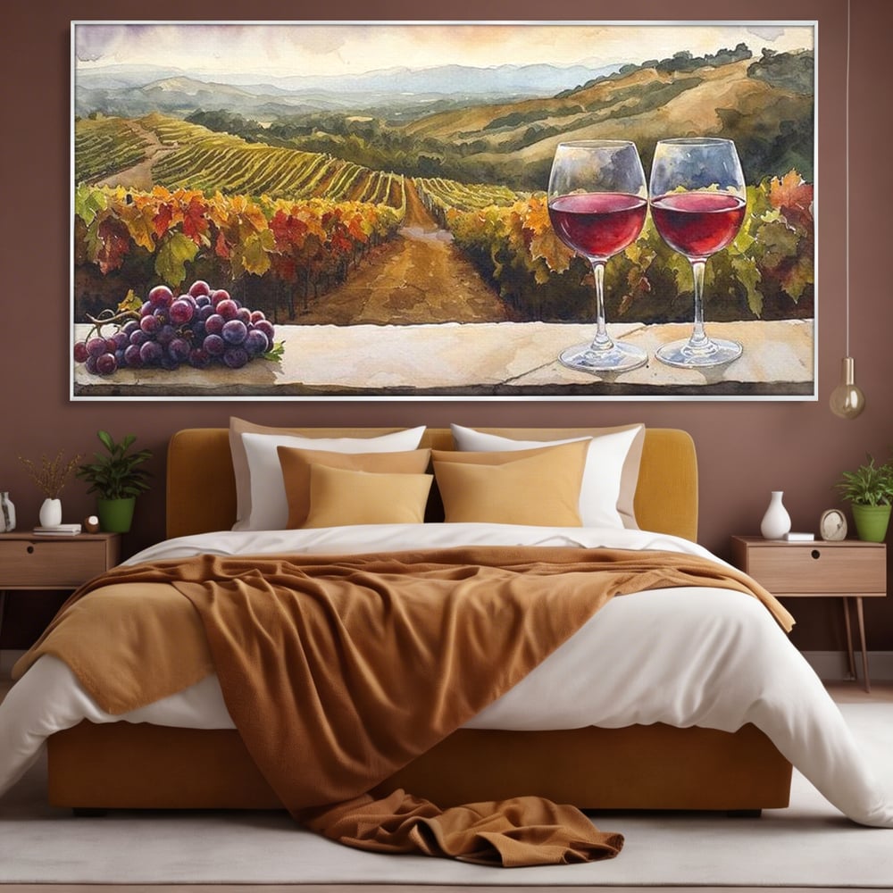 Tablou canvas cu tablou canvas cu peisaj viticol si pahare de vin, in rama de aluminiu argintiu, pe perete intr-un dormitor